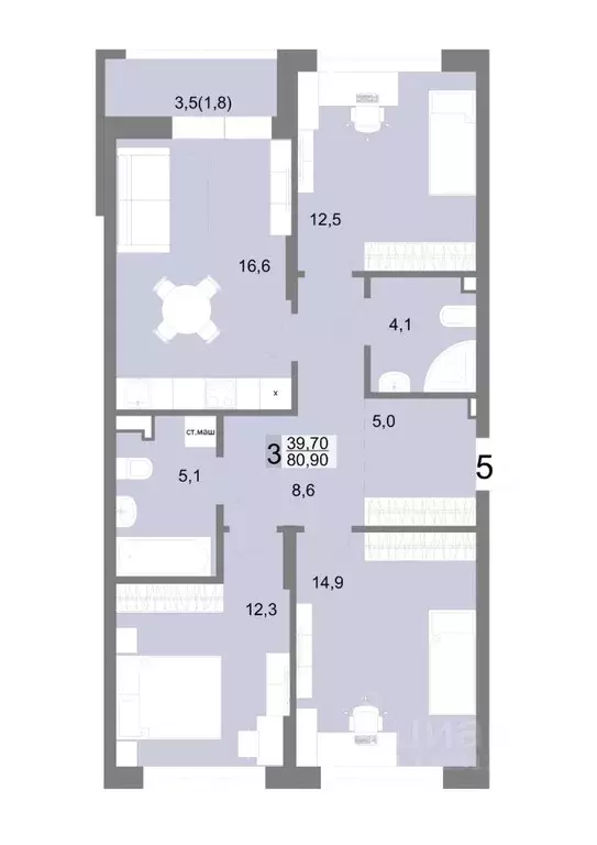 3-к кв. Свердловская область, Екатеринбург ул. Семена Лагоды, 80 (80.9 ... - Фото 1