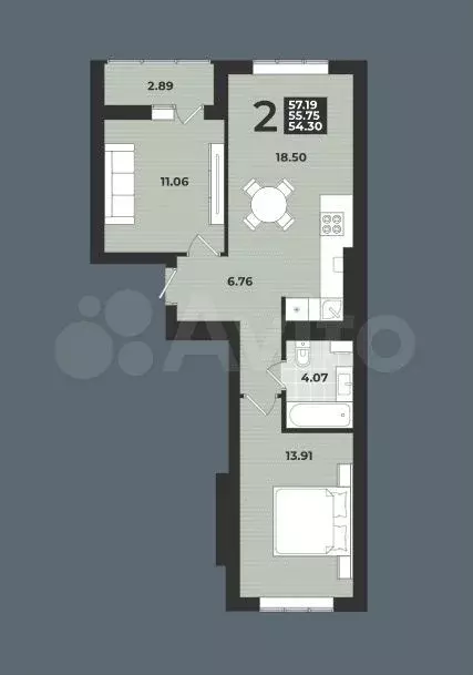 2-к. квартира, 57,2 м, 6/9 эт. - Фото 1