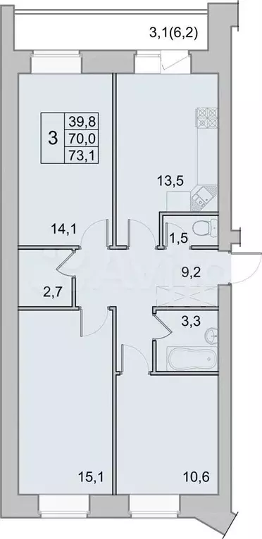 3-к. квартира, 73,1 м, 3/8 эт. - Фото 0