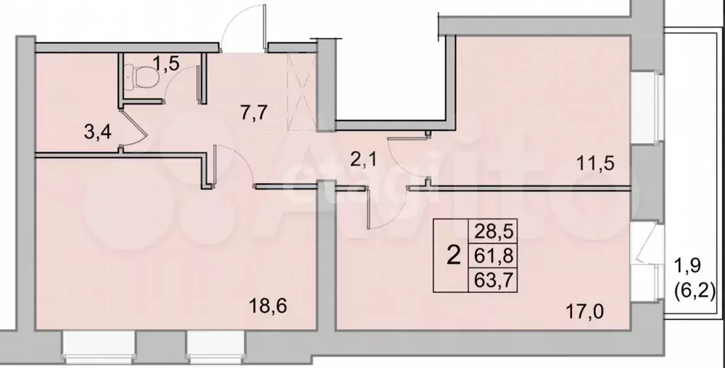 2-к. квартира, 63,7 м, 5/8 эт. - Фото 1