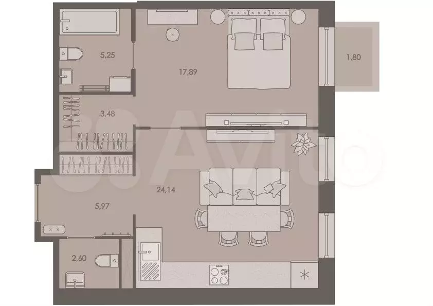 1-к. квартира, 59,9м, 4/8эт. - Фото 1