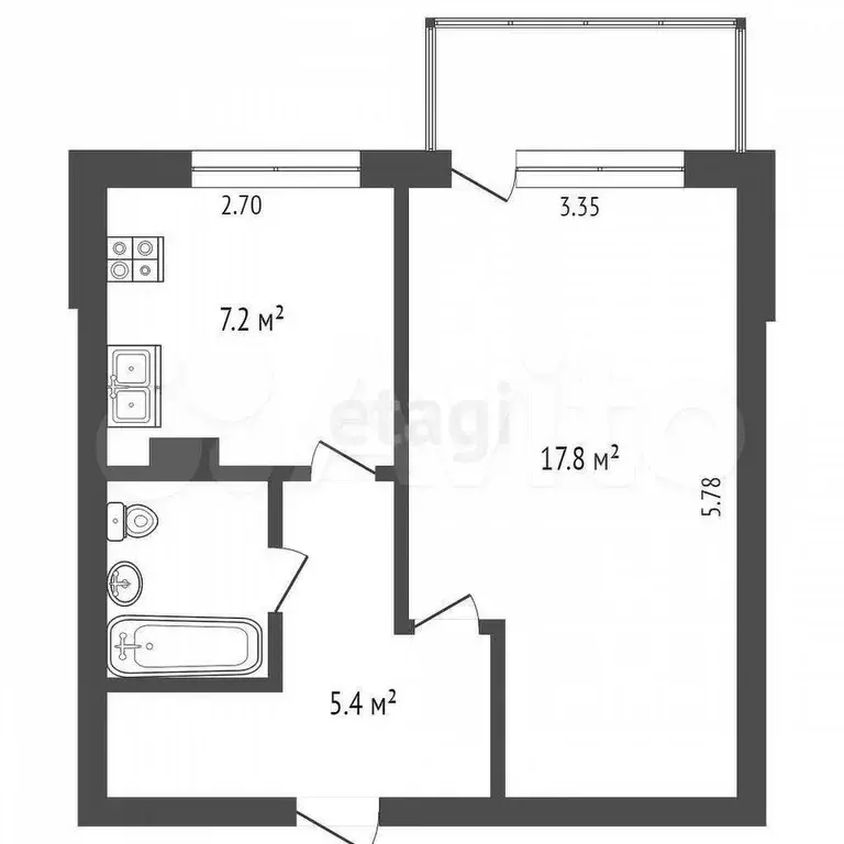 1-к. квартира, 33,6 м, 5/5 эт. - Фото 0