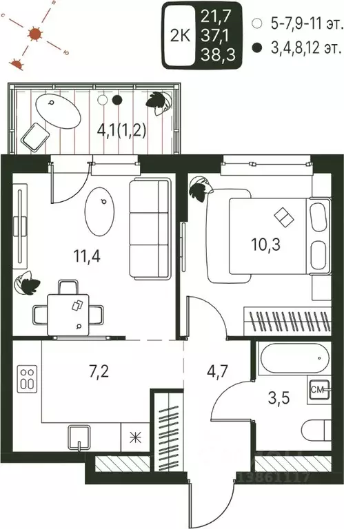Студия Пермский край, Пермь ул. Серебристая, 1 (38.3 м) - Фото 1