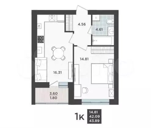 1-к. квартира, 43,9 м, 7/9 эт. - Фото 1