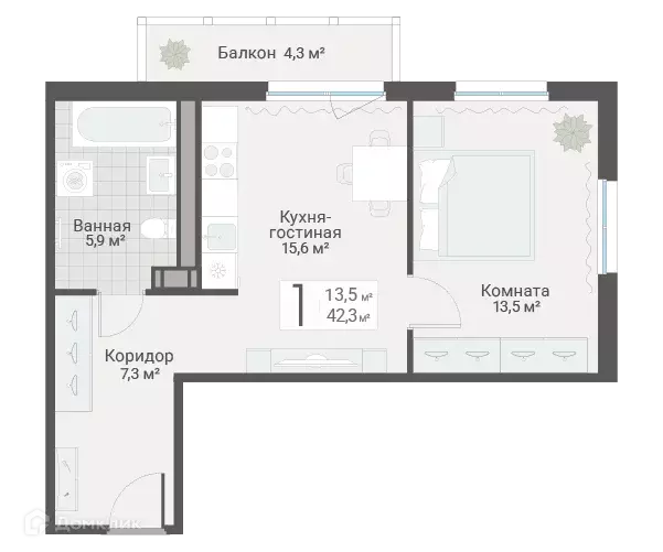 Продаётся 1-к квартира, 42.3 м - Фото 0