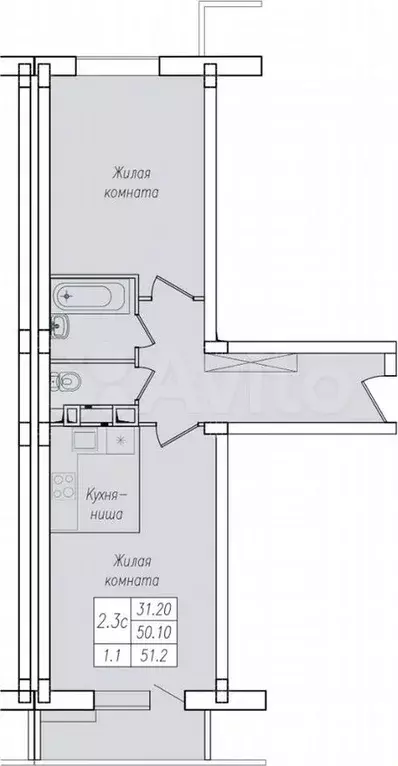 2-к. квартира, 51,2м, 2/10эт. - Фото 1