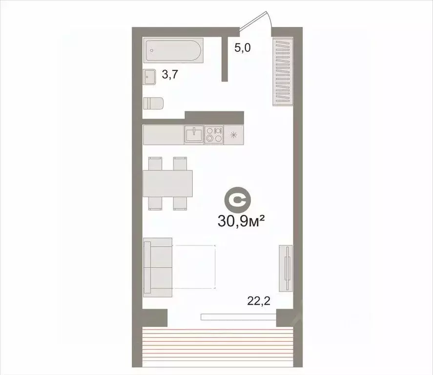 Студия Новосибирская область, Новосибирск ул. Фадеева, 66/7 (30.9 м) - Фото 2