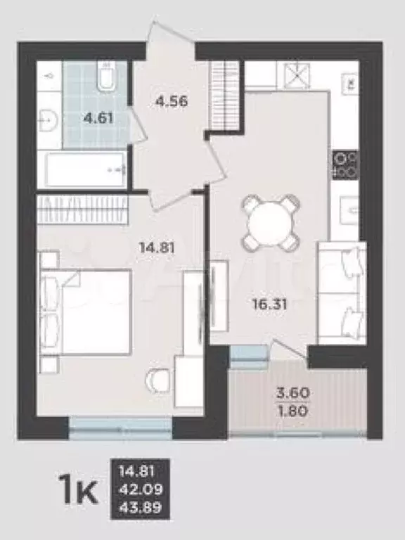 1-к. квартира, 42,1 м, 8/9 эт. - Фото 1