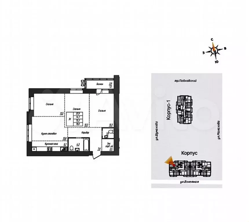 3-к. квартира, 78м, 5/12эт. - Фото 0