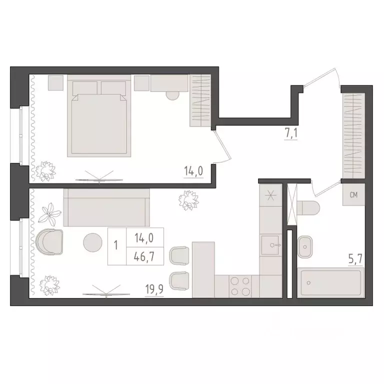 1-к кв. Башкортостан, Уфа 563-й кв-л,  (46.7 м) - Фото 1