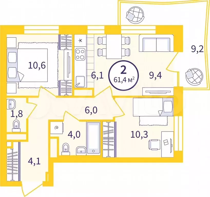 2-к. квартира, 55 м, 7/9 эт. - Фото 0