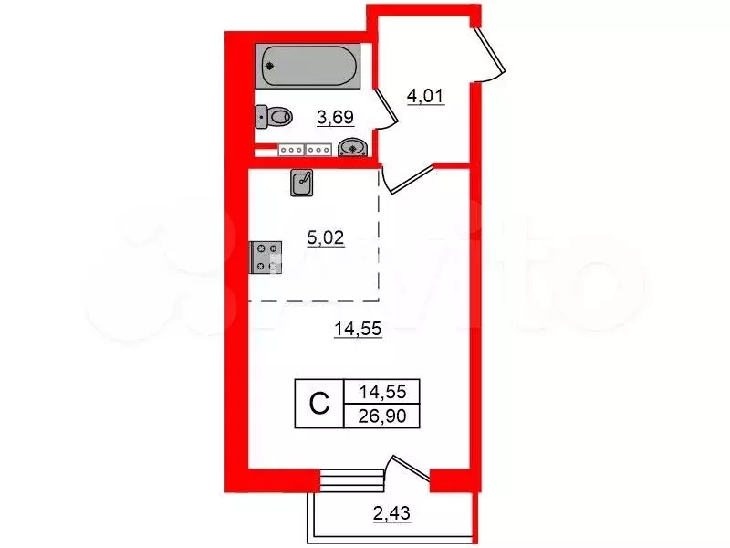 квартира-студия, 26,9 м, 4/5 эт. - Фото 0