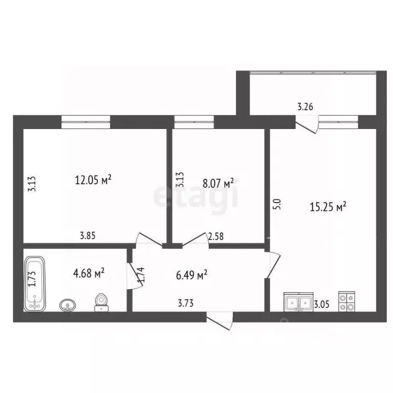 2-к кв. Ханты-Мансийский АО, Ханты-Мансийск Заречная ул., 3/1 (46.7 м) - Фото 1