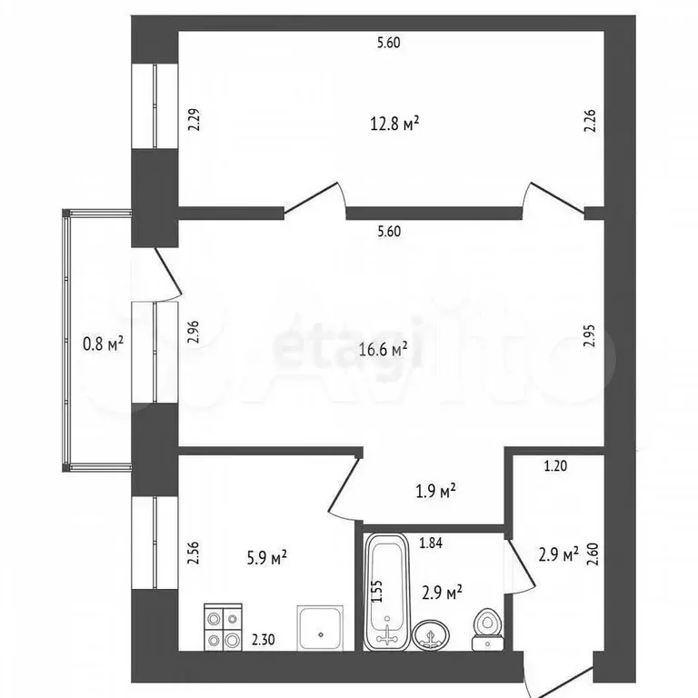 2-к. квартира, 43,7 м, 1/5 эт. - Фото 0
