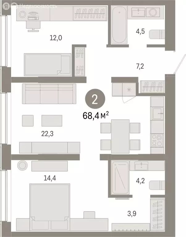 2-комнатная квартира: Новосибирск, Большевистская улица, с49 (68.43 м) - Фото 1