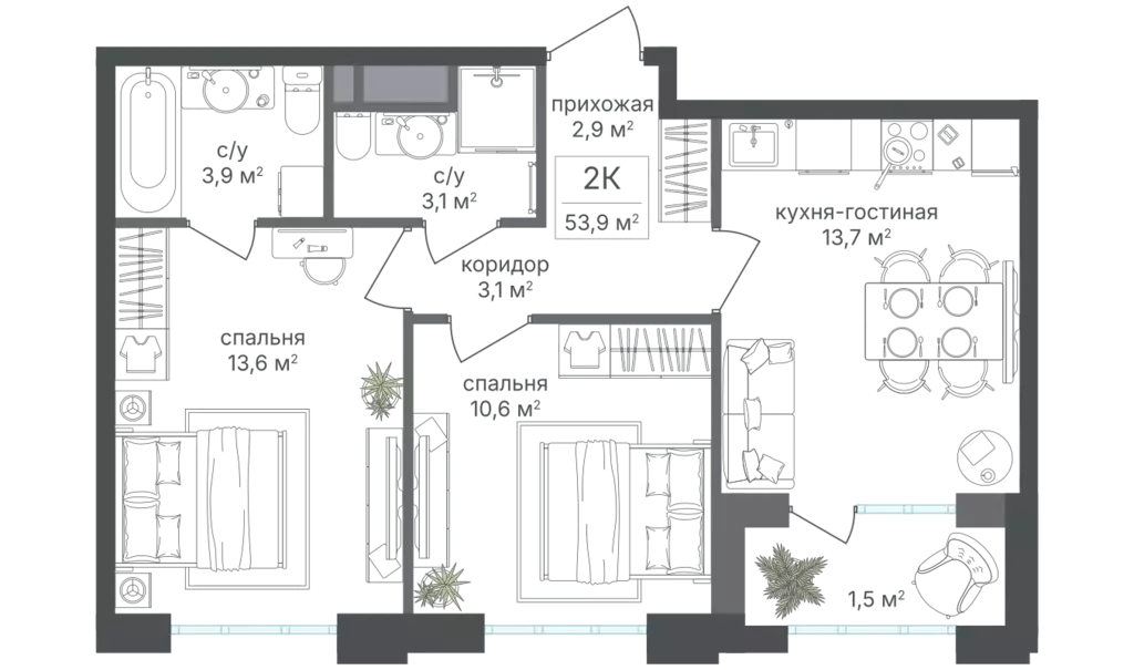 2-к квартира, 52.4 м - Фото 0
