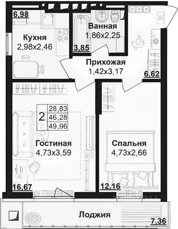 2-к кв. Башкортостан, Уфа ул. Пархоменко, 156В (52.0 м) - Фото 2