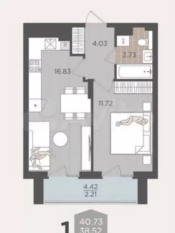 1-к. квартира, 38,5 м, 5/9 эт. - Фото 1