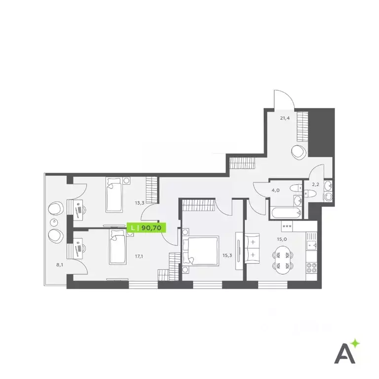 3-к кв. Санкт-Петербург бул. Александра Грина, 4 (90.7 м) - Фото 0