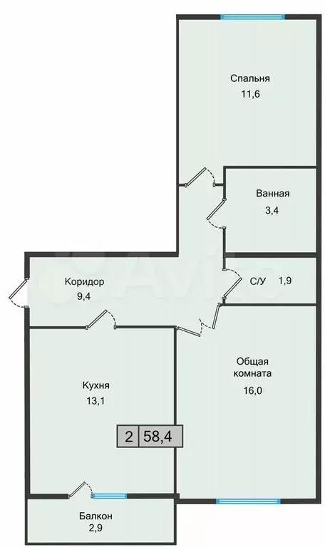 2-к. квартира, 58,4 м, 1/5 эт. - Фото 1