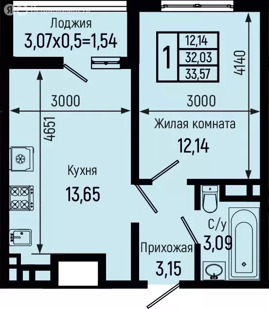 1-комнатная квартира: село Небуг, ЖК Botanica Hills (33.57 м) - Фото 0