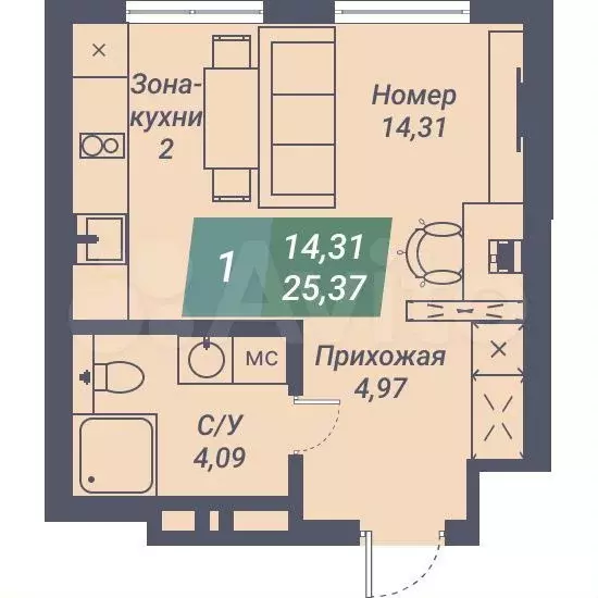 Апартаменты-студия, 25,4 м, 4/23 эт. - Фото 0