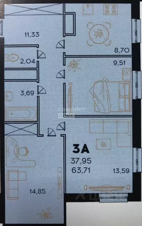 3-к кв. Ульяновская область, Ульяновск ул. Аблукова, 14 (63.5 м) - Фото 2