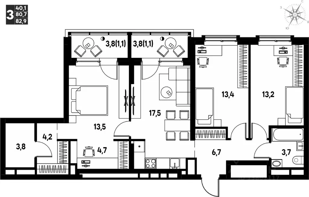 3-к кв. Пермский край, д. Кондратово просп. Дягилева, 2 (82.9 м) - Фото 1
