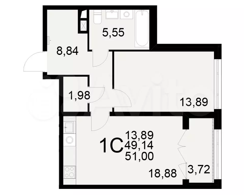 1-к. квартира, 51 м, 2/25 эт. - Фото 1