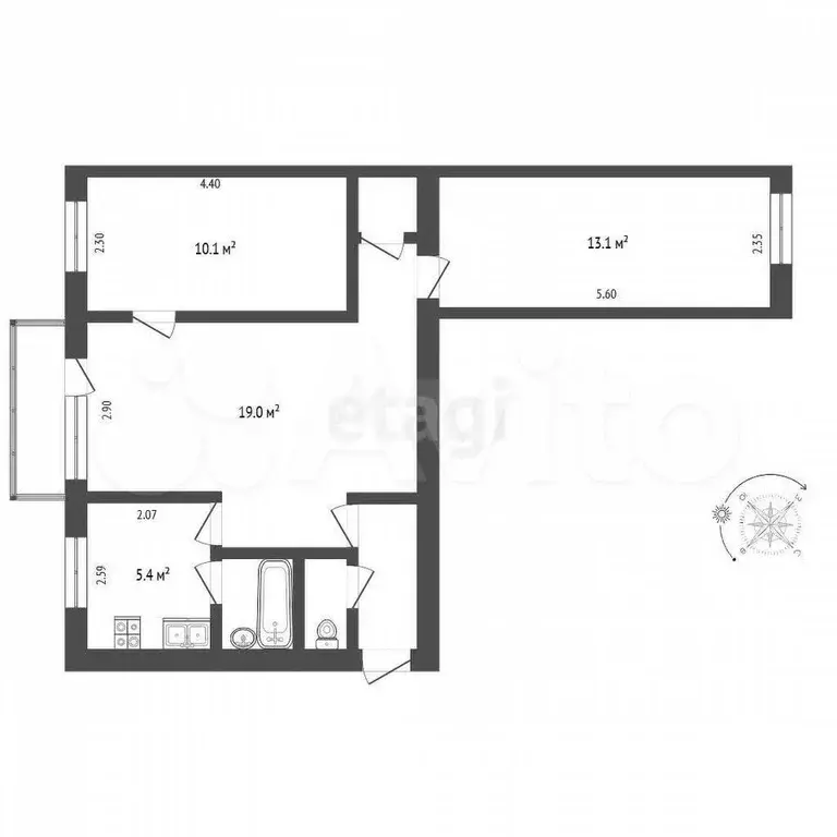 3-к. квартира, 55 м, 5/5 эт. - Фото 0