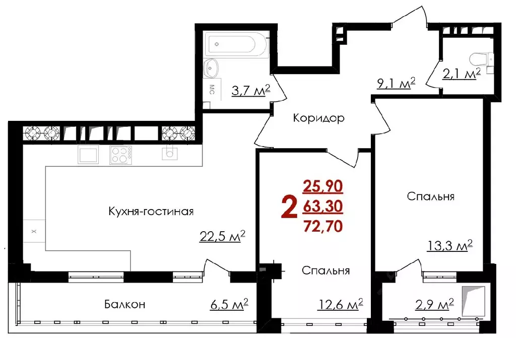 2-к кв. Белгородская область, Белгород ул. Губкина, 54 (72.7 м) - Фото 0