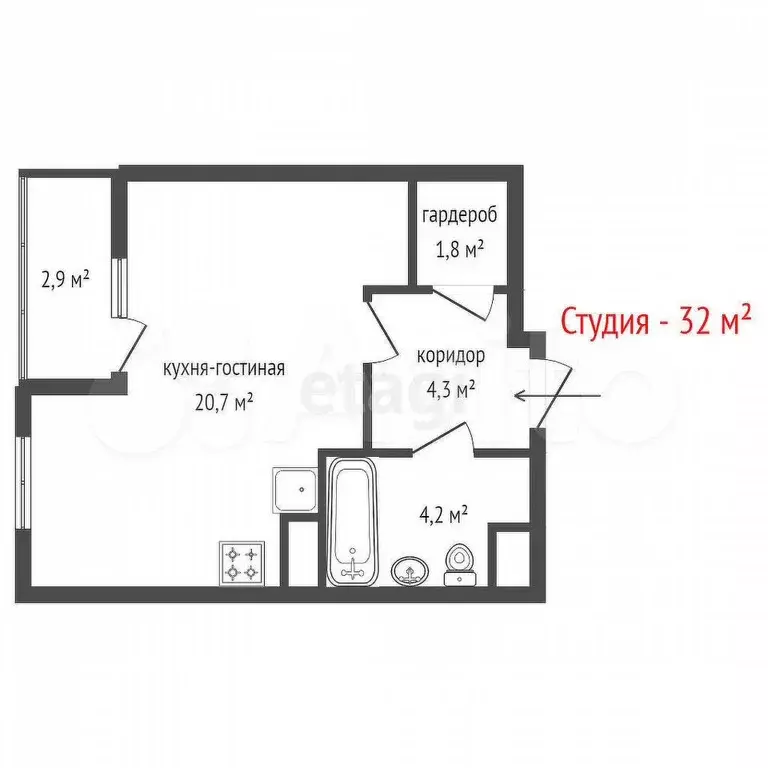 Квартира-студия, 33 м, 12/29 эт. - Фото 0