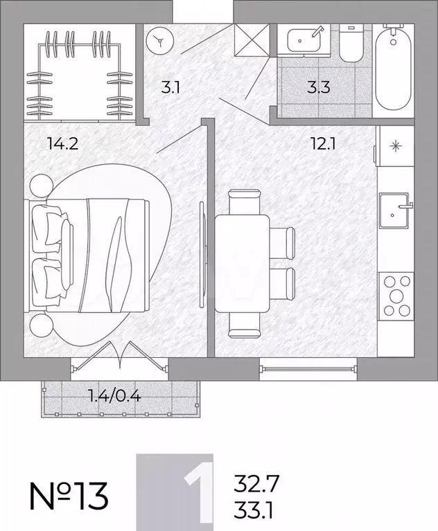 1-к. квартира, 33,1 м, 2/4 эт. - Фото 0