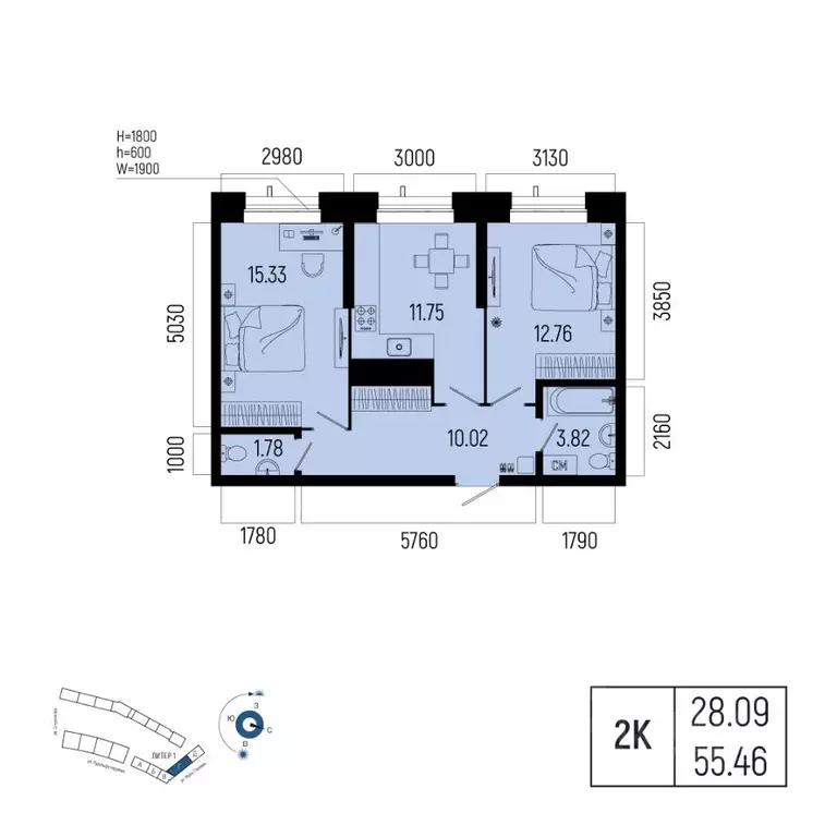 2-к кв. Башкортостан, Уфа Глумилино-1 мкр, Новатор жилой комплекс ... - Фото 1
