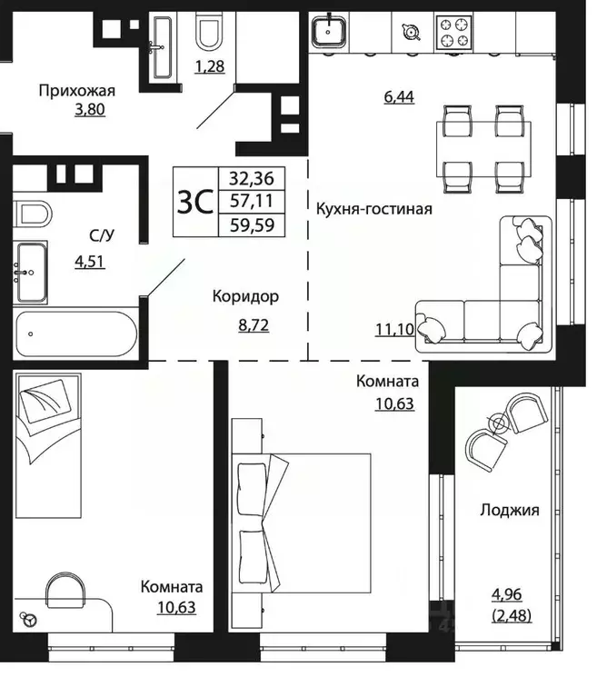 3-к кв. Ростовская область, Ростов-на-Дону ул. Текучева, 370/2 (58.58 ... - Фото 0