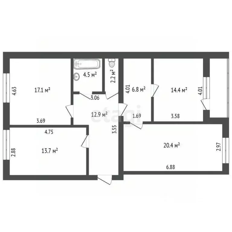 3-к кв. Калужская область, Калуга Московская ул., 339 (92.0 м) - Фото 2
