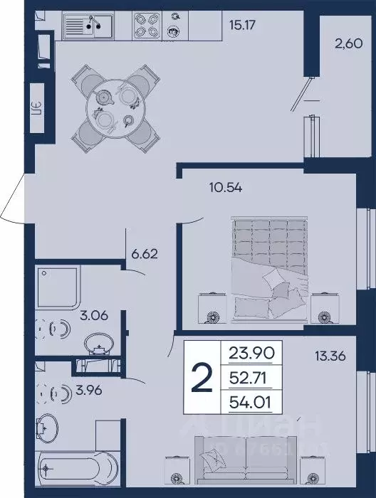 2-к кв. Краснодарский край, Краснодар  (54.01 м) - Фото 1