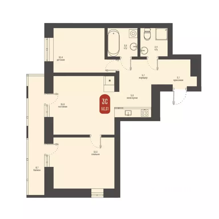 3-к кв. Томская область, Томск ул. Косарева, 6 (62.21 м) - Фото 0