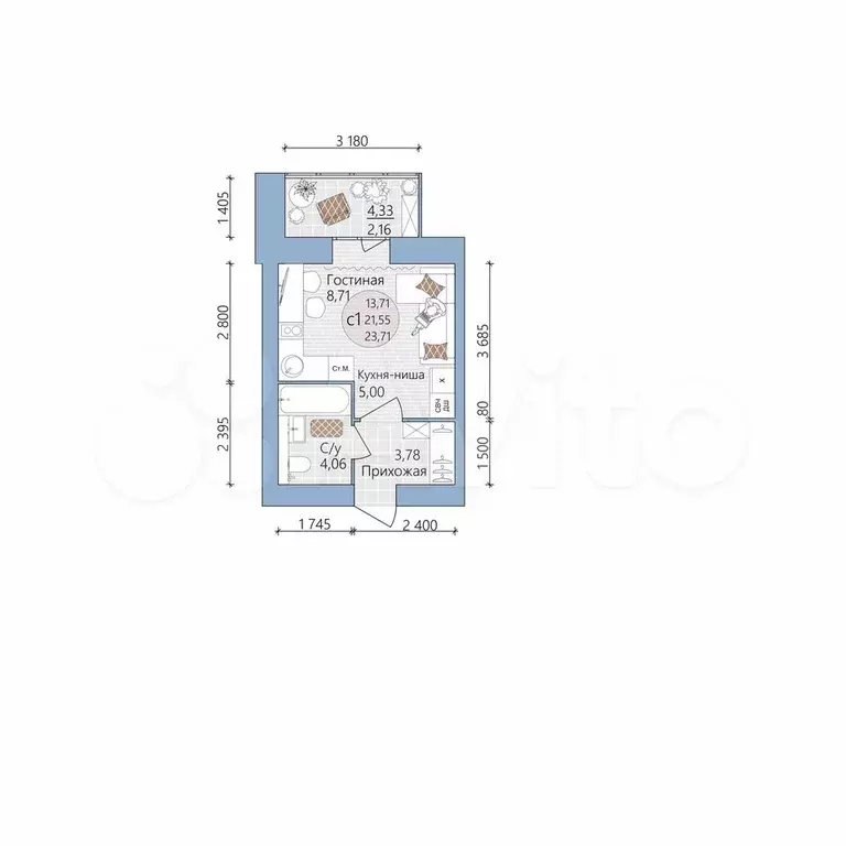Квартира-студия, 23,7 м, 4/16 эт. - Фото 0