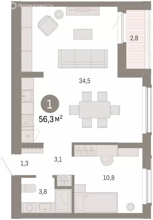 1-комнатная квартира: Омск, Кировский округ (56.32 м) - Фото 2