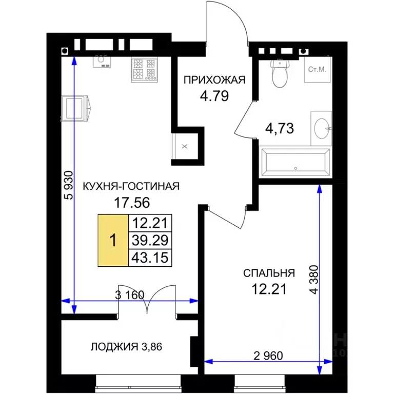 1-к кв. Калининградская область, Гурьевск Включи жилой комплекс (43.15 ... - Фото 0
