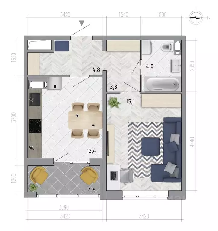 1-к кв. Воронежская область, Воронеж ул. Федора Тютчева, 107 (42.4 м) - Фото 1