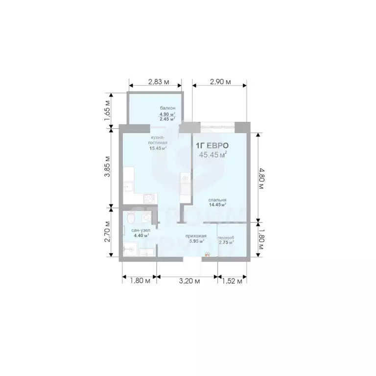 1-к квартира, 45.05 м - Фото 1