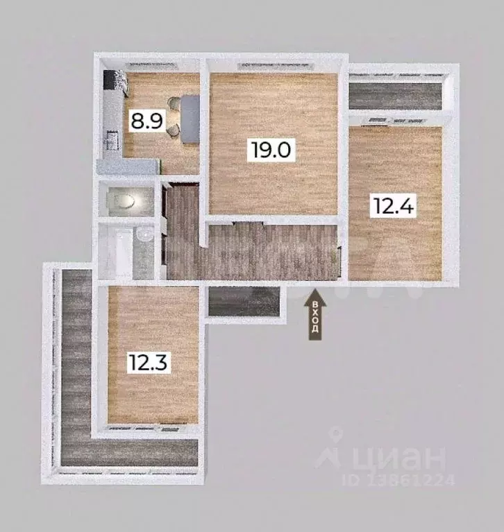 3-к кв. Омская область, Омск ул. Богдана Хмельницкого, 46 (70.4 м) - Фото 2