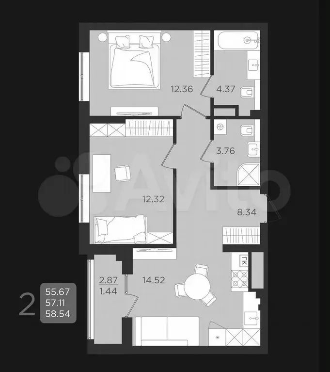 2-к. квартира, 57,1 м, 2/9 эт. - Фото 1