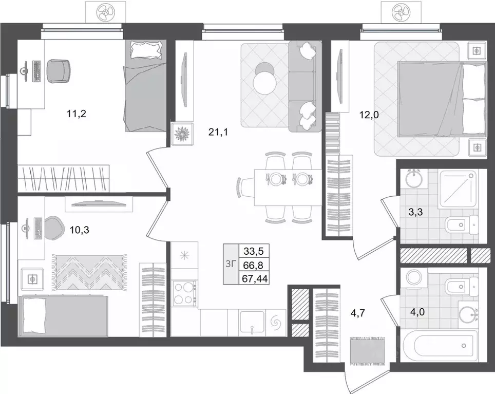 3-к кв. Тверская область, Тверь Лесная Мелодия-3 жилой комплекс (67.4 ... - Фото 2