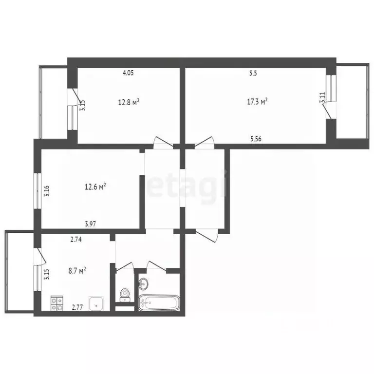 3-к кв. Белгородская область, Белгород ул. Есенина, 40 (68.9 м) - Фото 1