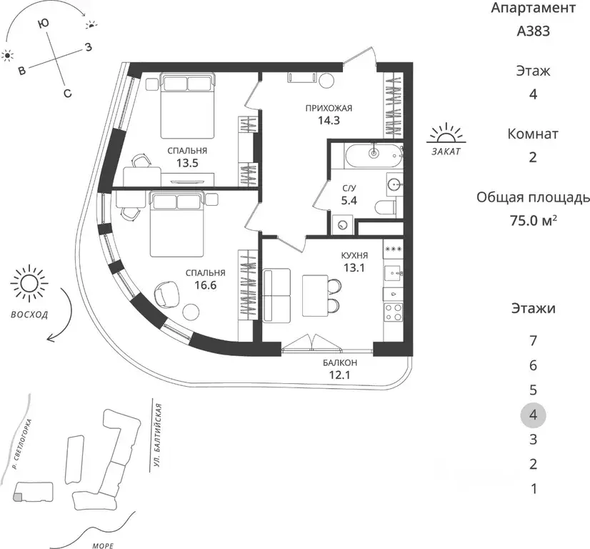 2-к кв. Калининградская область, Светлогорск  (75.0 м) - Фото 1