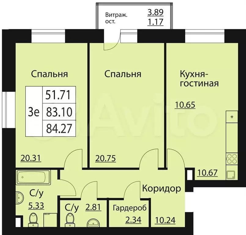 2-к. квартира, 84м, 2/7эт. - Фото 1