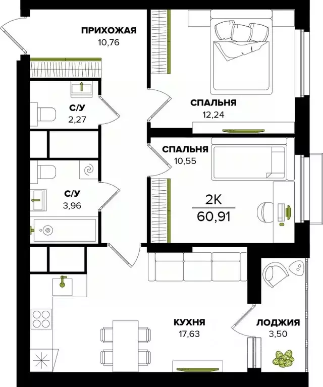 2-к кв. Тульская область, Тула  (60.91 м) - Фото 0